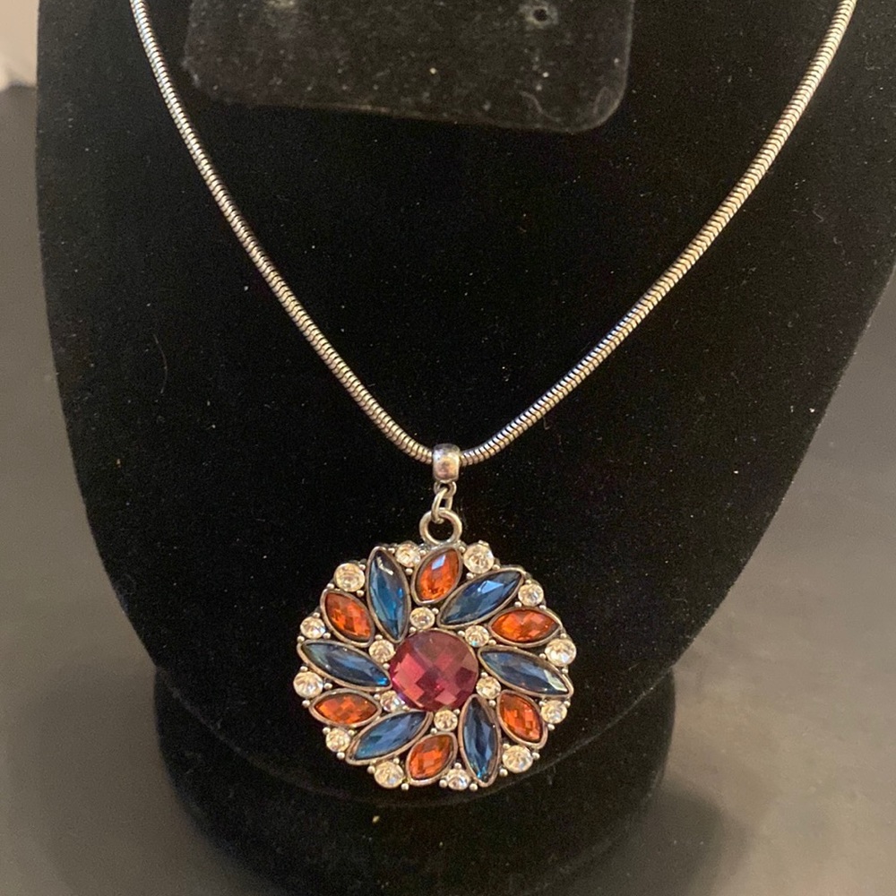 rhinestones and crystals large pendant silver tone statement necklace Y2K